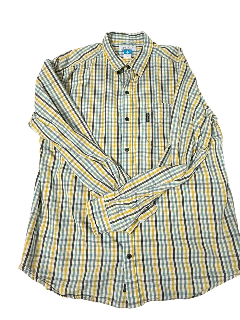 Columbia Mens XL Plaid Long Sleeve Button Down‎ Shirt Yellow Green Cotton Hiking